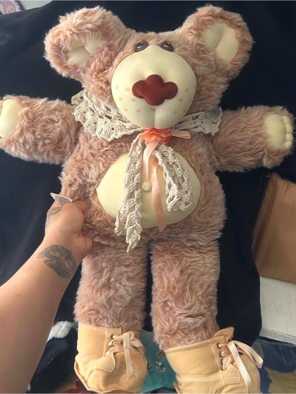 Plush Beige Teddy Bear with Lace Scarf - Kids Accessory